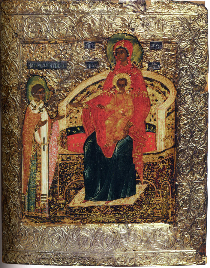 Богородица на троне с предстоящим Никитой Новгородским